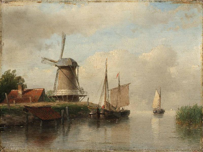 Andreas Schelfhout Dutch boats moored on a river beside a windmill oil painting picture